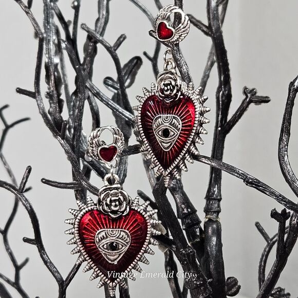 Love All Seing Dangle Earrings Rose & Heart Spikes Mystical Eye Red Enamel Goth - Picture 11 of 15